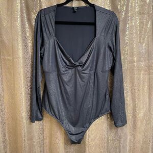 Express Gray Silver Body Contour Metallic Twist Front Long Sleeve Bodysuit, XL